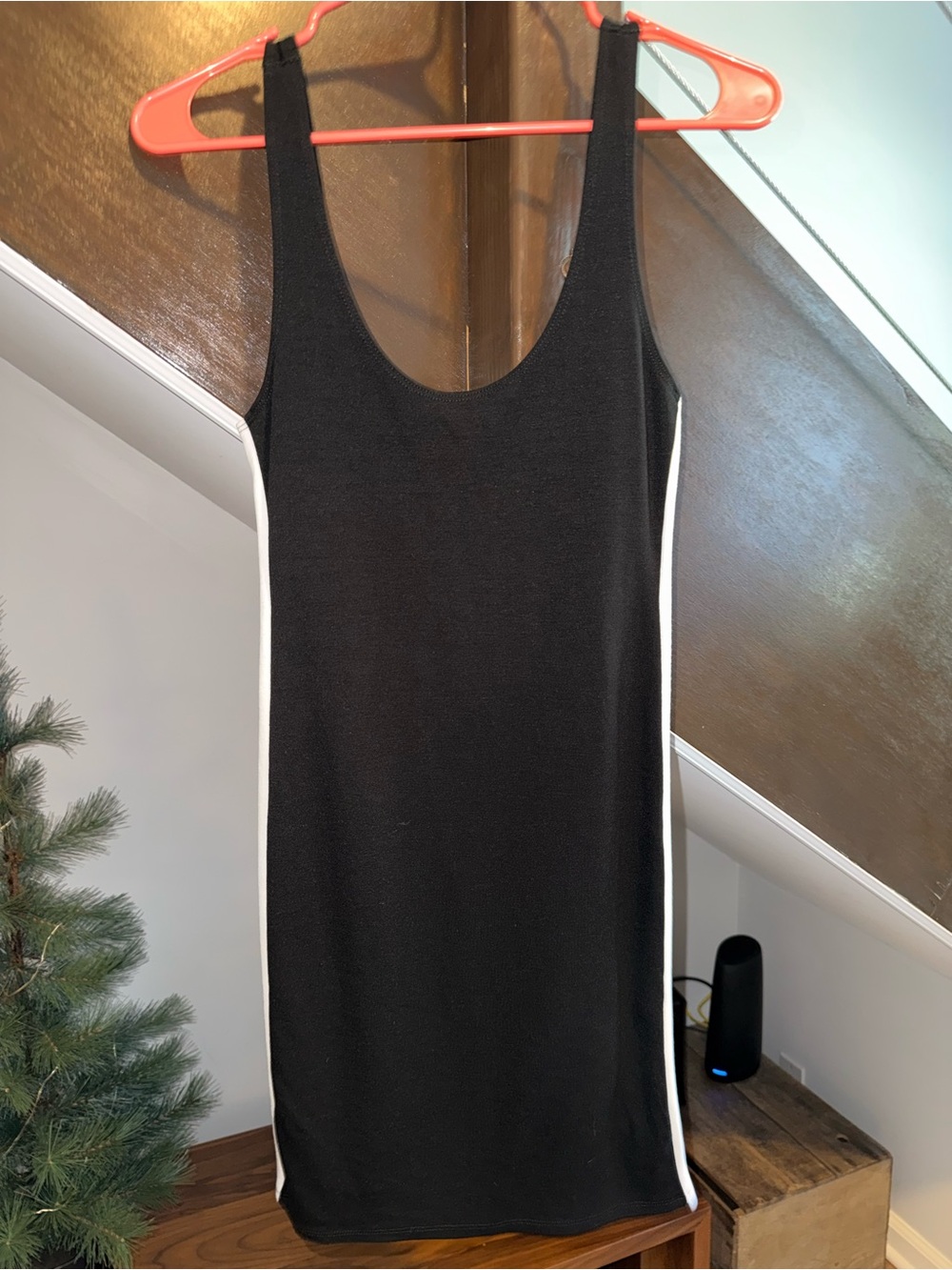 Black Knit Tank Dress with White Side Stripes